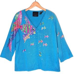 Michael Simon Vintage Fish Sequin Cardigan 1X Silk Cotton Artwear Y2K Dopamine
